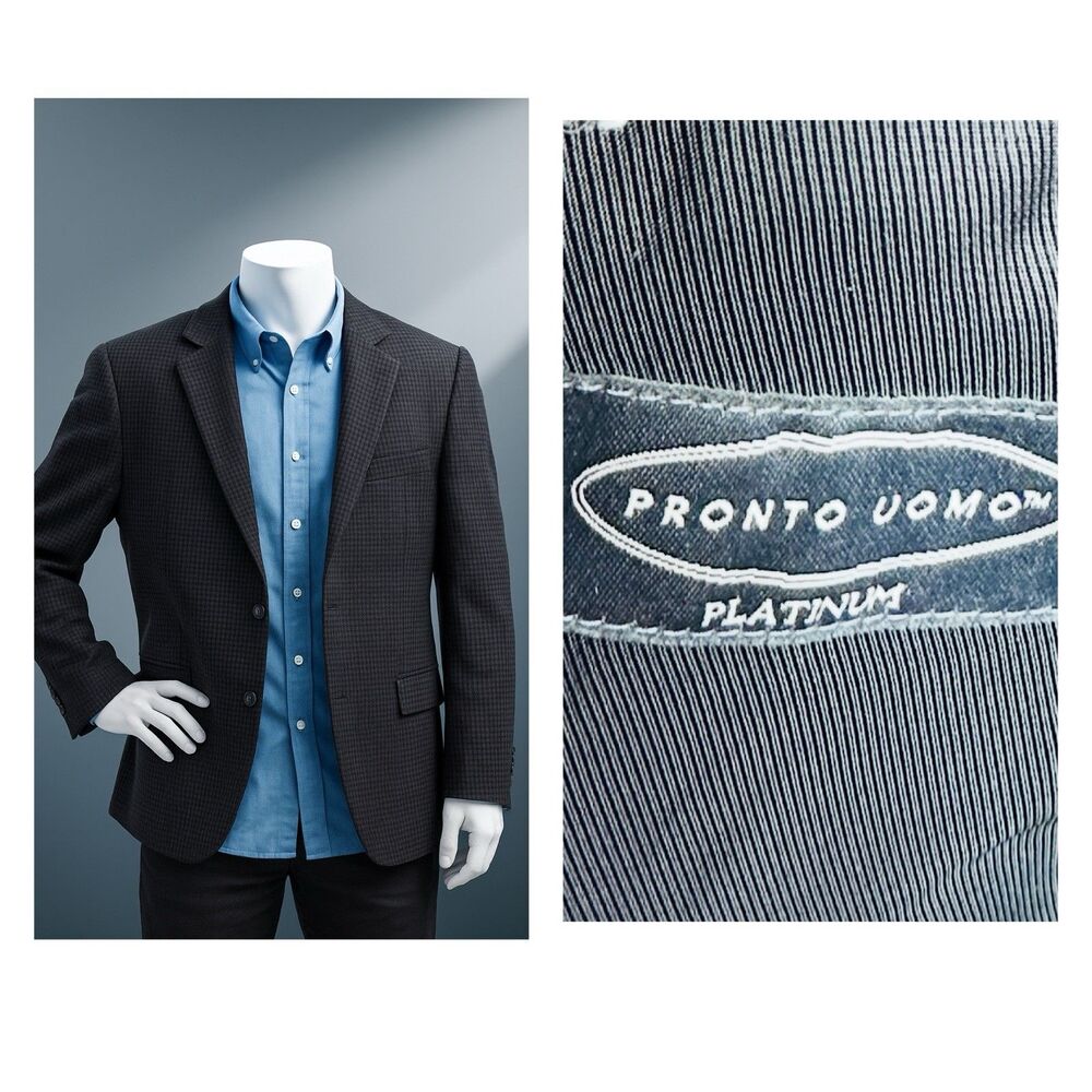 Pronto Uomo Platinum Mens Sport Coat Blazer 46R Blue Plaid 100% Wool